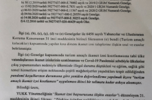 بخش نامه تمدید اقامت ترکیه 🔹 محدودیت تمدید اقامت توریستی بدلیل پاندمی کرونا برداشته شد 🔹محدودیت تمدید اقامت توریستی ترکیه که از اول ژانویه 2020 برای شهروندان برخی کشورها از جمله ایران وضع شده بوده، از امروز برداشته شده است،البته با توجه به متن نامه بالا این تصمیم در شرایط پاندمی کرونا و تا اطلاع ثانوی اعتبار دارد،از آنجاییکه برخی از خارجیان در شرایط کرونایی امکان بازگشت به کشور خود را نداشته اند جهت جلوگیری از هرج و مرج این بخشنامه ابلاغ شده است. 🔸 متاسفانه برخی افراد سودجو اینطور القا میکنند که این قانون برای همیشه ملغی شده است که با توجه به متن نامه این برداشت اشتباه است.